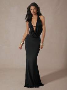 Hauture Draped Halter Neck Backless Top & Maxi Skirt Set,Summer Sets - Black - View 1