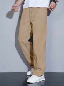 Manfinity Homme Men's Straight Relaxed Fit Multi-Pocket Casual Denim Jeans - Khaki - View 7