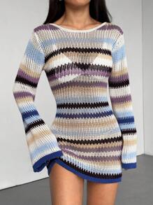 Flirla Morandi Color Blocking Boat Neck Fitted Backless Sexy Bell Sleeve Sweater Dress, Spring/Summer