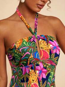 Travachic Tropical Print Halter One-Piece Swimsuit For Vacation Beach - Navy Blue - View 5