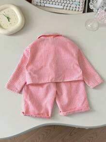 SHEIN 3 pièces/set Chemise rayée mignonne pour bébé fille, pantalon à taille élastique et camisole, printemps/été - Rouge et Blanc - Voir 2