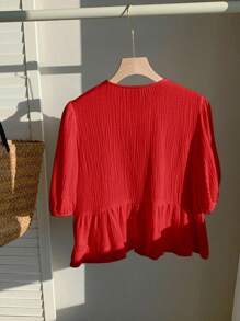 Comfortcana 亚麻雪纺圆领泡泡袖系带女式衬衫