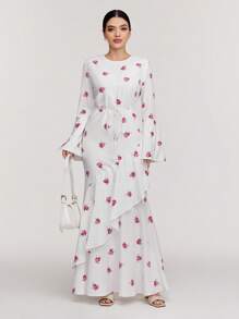 Veilorie 女士花卉印花圆领喇叭袖优雅连衣裙 - 紅色 - 查看 5