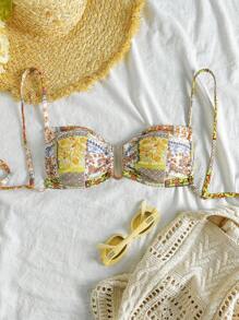 Soleia Swim Suits For Women,Summer Outfits For Women,Boho,Bikini Set,Beachwear,Vacation Outfits Woman,Beach Outfits For Woman,Vacation Women's Colorful Floral Retro Print Patchwork U-Shaped Metal Buckle Decor Lace Up Bikini Top