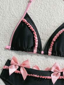 SHEIN Teen Girls' Black Contrast Color Elegant Vacation Bowknot Strap Bikini Set, Suitable For Beach, Holiday - Black - View 5