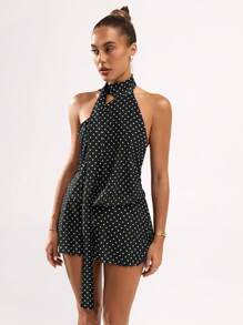 SHEIN BAE 女士优雅圆点印花露背迷你吊带连衣裙 - 黑色 - 查看 5