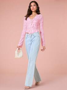 Enchnt Women Elegant Solid Color Cut-Out Ruffle Hem Tie Front T-Shirt - Baby Pink - View 7