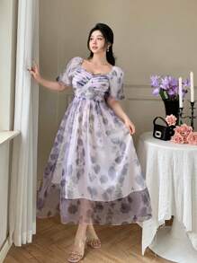 DAZY Women Mid-Calf V-Neck Pleated Rose Floral Print Casual Dress, Summer Boho Vacation Outfits Women - Mauve Purple - View 7