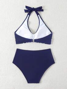 Swim Lushoire 女性夏季沙灘假期露背領簡約時尚比基尼套裝 - 藏蓝色 - 查看 5