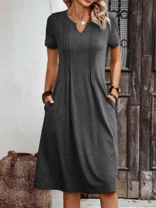EMERY ROSE Notched Neckline Short Sleeve Dress