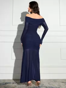 Modelyn Vestido elegante con hombros descubiertos, fruncido y cola de pez, unicolor para mujeres - Azul Marino - Ver 2