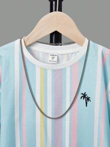 SHEIN Tween Boy Striped & Tropical Print Tee & Shorts Without Necklace