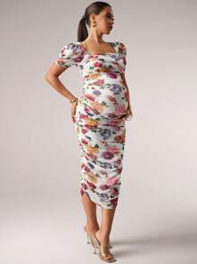 SHEIN 泡泡袖花卉印花孕妇连衣裙 - 彩色 - 查看 7