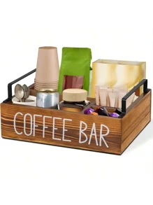 1pc Coffee Bar Accessories Organizer,Countertop, Tea & Coffee Storage,Kitchen Organiser Wooden Coffee Bar Accessories For Countertop Room Decor| Farmhouse Style Storage Kit For A Perfectly Organized Coffee Bar | Accessories Organizer For Cups, Coffee Pods, Sugar, Etc - Brown - View 1