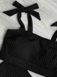 SHEIN Swim 2pcs/Set Solid Color Special Fabric Bandeau & Tie Shoulder Triangle Bottom Minimalist Casual Swimwear Set For Summer Beach Vacation - Black - View 5