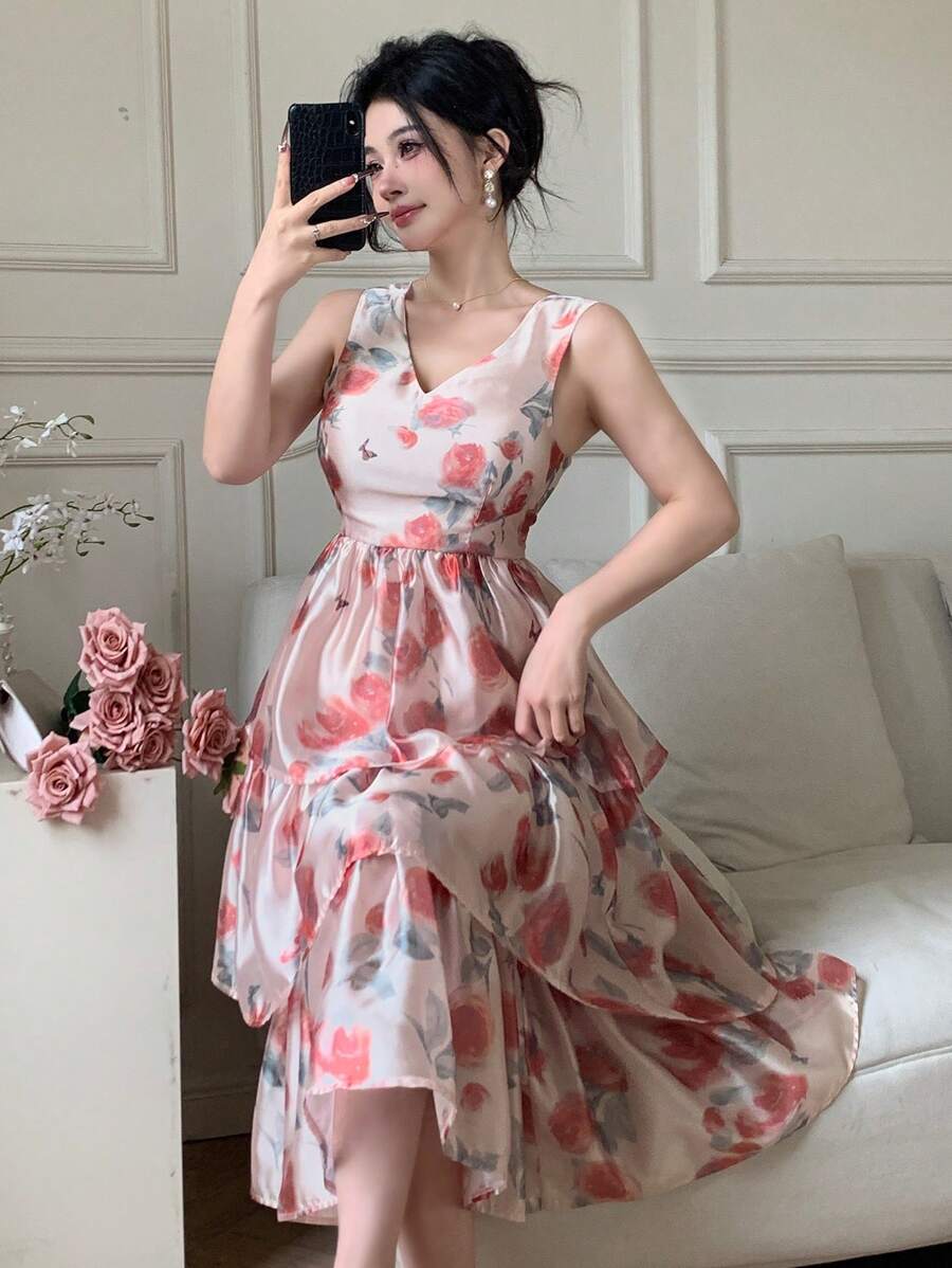 DAZY Vestido midi con cuello en V floral y sin mangas, con volantes, para mujer