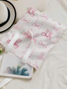 ROMWE Kawaii Versatile Pink Bow Print Double-Sided Printing Canvas Tote Bag , Beach Bag