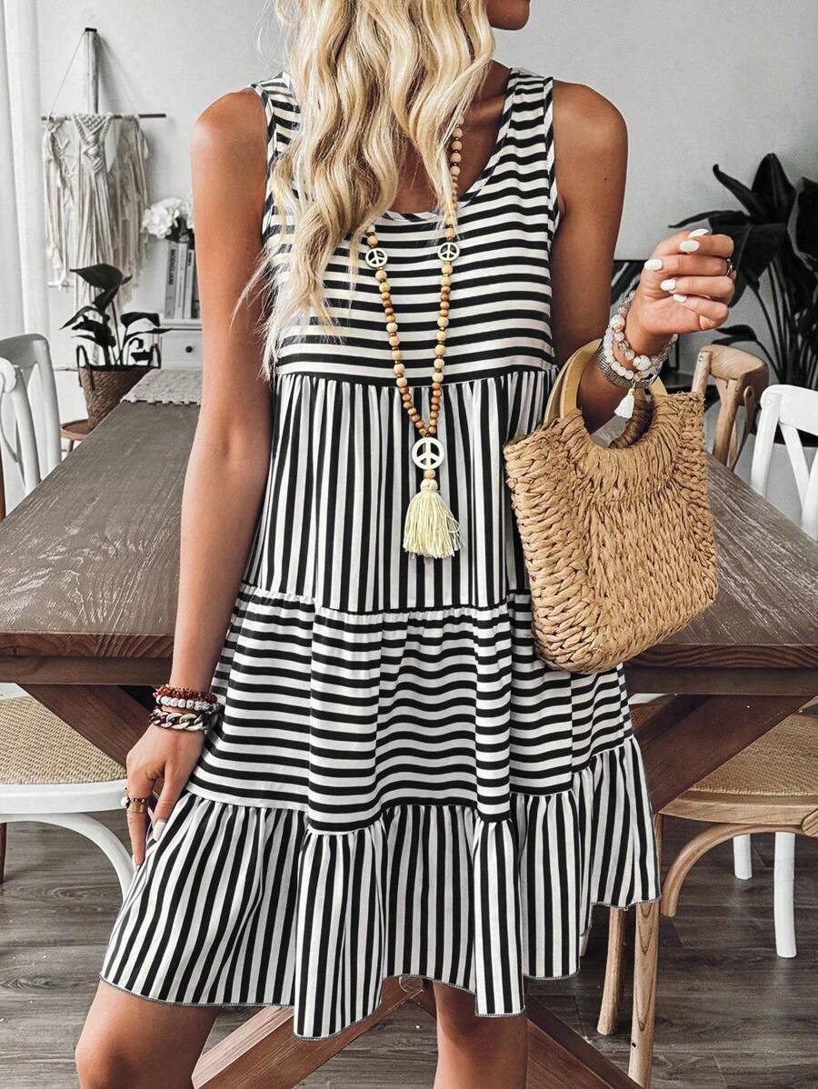 Breezaya Women Casual Striped Sleeveless Mini Dress, Simple & Suitable For Holiday - Black and White - View 1