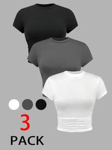 SHEIN PETITE Summer 3pcs/Set Ladies' Pleated Short Sleeve T-Shirt - Multicolor - View 1