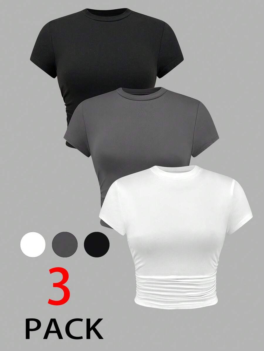 SHEIN PETITE Summer 3pcs/Set Ladies' Pleated Short Sleeve T-Shirt - Multicolor - View 1