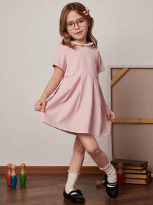 Blossori Young Girls' Pink Woven Decorative Button Collar Dress, Spring/Summer - Pink - View 1