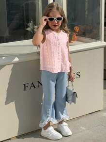 SHEIN Young Girls Casual White Sleeveless Knit Top + Blue Long Pants 2pcs Set, Spring/Summer New Arrival - Pink - View 4