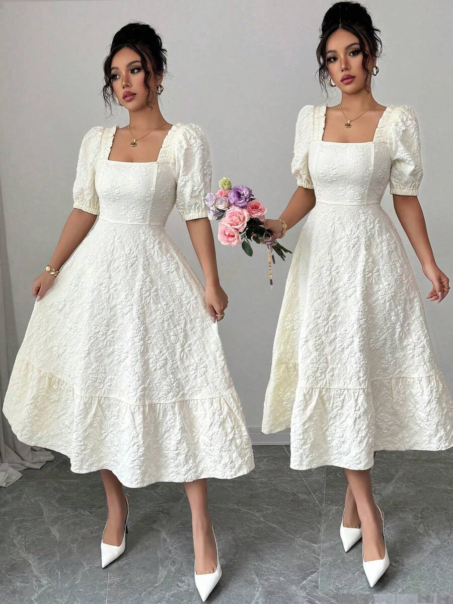 Elenzga Gaun Wanita Polos Motif Bunga Daisy Jacquard dengan Pinggang Berkerut, Elegan untuk Sehari-hari & Liburan, Lengan Mengembang - Aprikot - View 1