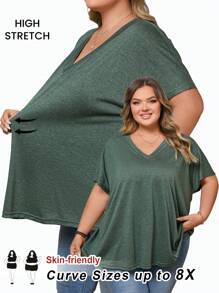 SHEIN CURVE+ Plus Size Women's Deep Green V-Neck Batwing Sleeve Loose Casual T-Shirt, Basic Tee For Outdoors, Spring/Summer - Green - View 8