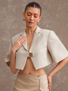 L'Amorae Blazer corto de mujer de un solo botón de unicolor, simple y elegante