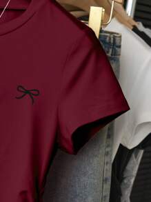 Sparklyn Tween Girls Casual Versatile Bow Decor Printed Short Sleeve T-Shirt With Gathered Waist Summer Holiday - Burgundy - View 3