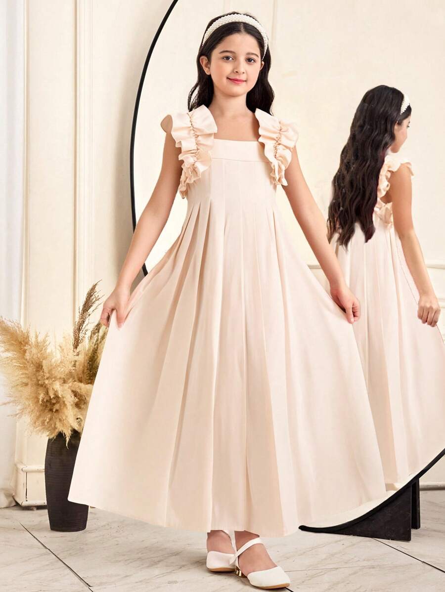 SHEIN Leap Crew Tween Girls Ruched Ruffle Hem Solid Dress, Fashionable French Elegant Dress, Suitable For Back To School, Spring Outing, Vacation, Casual Outings, Minimalist Vacation Style - Beige - View 1