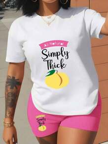 SHEIN 2pcs Plus Size Casual Simple Style Short Sleeve T-Shirt Set, Suitable For Summer - Hot Pink - View 1