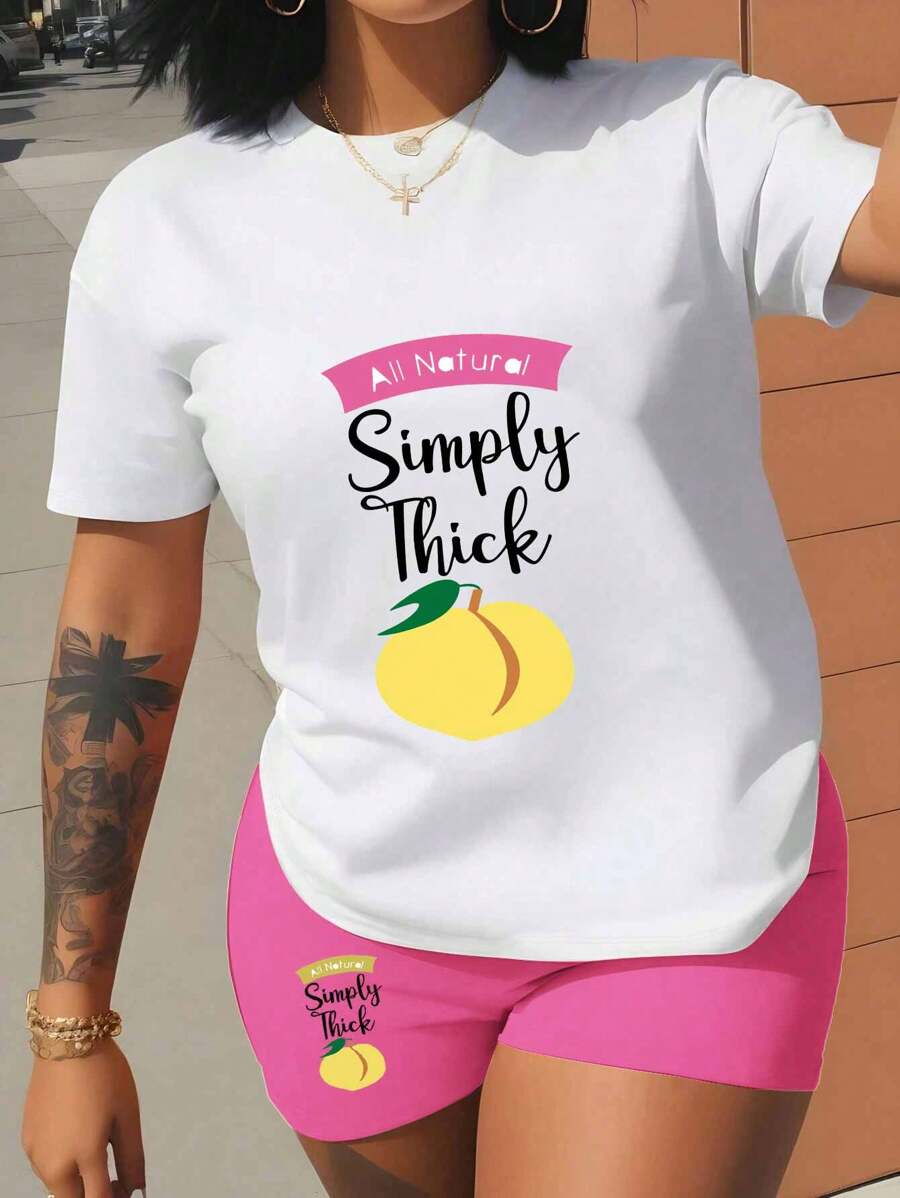 SHEIN 2pcs Plus Size Casual Simple Style Short Sleeve T-Shirt Set, Suitable For Summer - Hot Pink - View 1