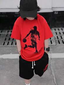 SHEIN 2pcs Tween Boy's Loose Fit Basketball Pattern Crew Neck Short Sleeve T-Shirt And Shorts Set - Red - View 3