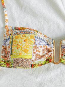 Soleia Swim Suits For Women,Summer Outfits For Women,Boho,Bikini Set,Beachwear,Vacation Outfits Woman,Beach Outfits For Woman,Vacation Women's Colorful Floral Retro Print Patchwork U-Shaped Metal Buckle Decor Lace Up Bikini Top