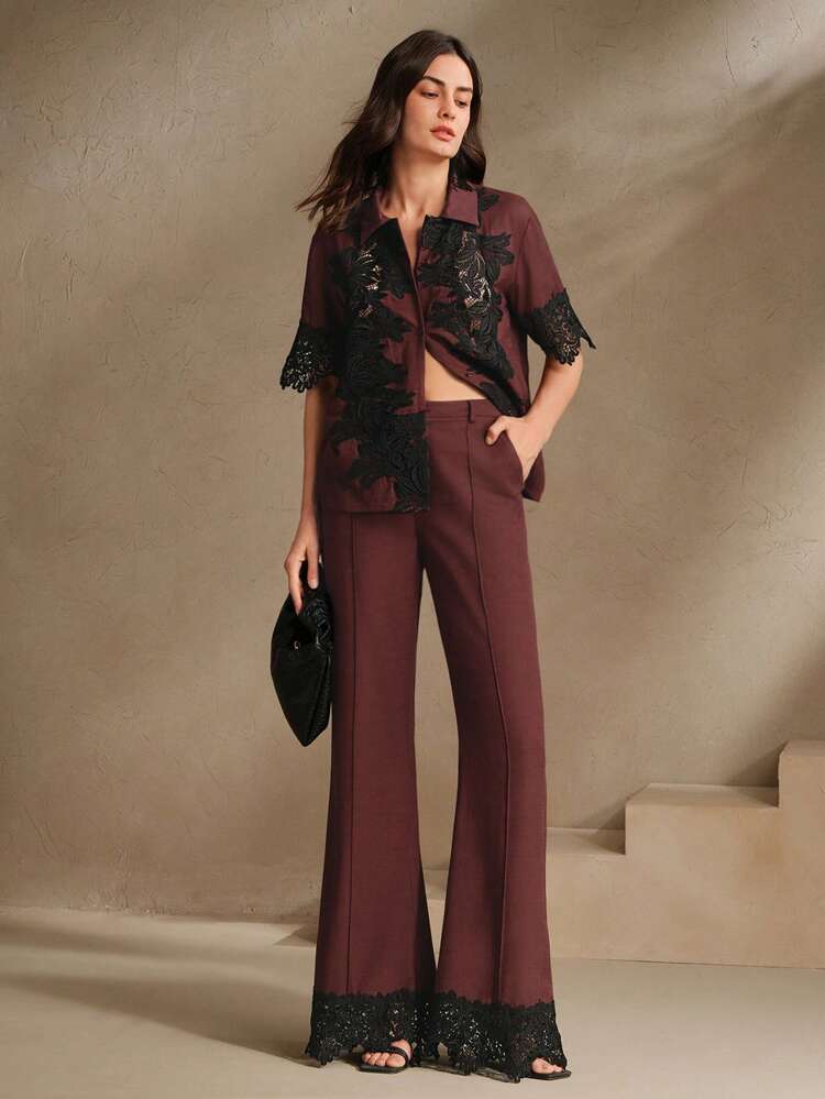 Women's Brown Casual Vacation Embroidered Loose Shirt Blouse, Elegant