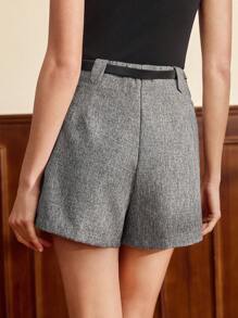 Vintamour Pantalones cortos vintage elegantes con pliegues, cintura alta, uso casual o de trabajo con cinturón y decoración de botones