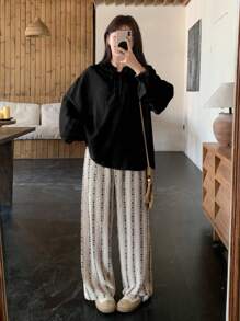 FRIFUL Women's Loose Apricot Linen Blouse With Tie Design, Spring Clothing,Fall Clothes Long Sleeve Top - Black - View 2