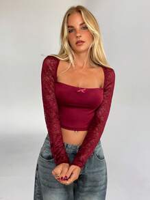 Aloruh Women's Spring Tops Elegant Fashion Business Commuting Casual Street Daily Wear Solid Color Knitted T-Shirt Simple Basic Style Wine Red T-Shirt Angora Red Lace Stitching Tops Translucent Long Sleeves Square Neck T-Shirts Going Out Tops,Business Casual Woman ,Modest,Office Outfits For Women,Work Tops