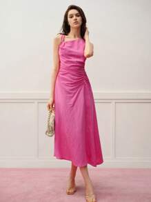 MOTF PREMIUM RUCHED ASYMMETRICAL NECK MIDI DRESS - Hot Pink - View 6