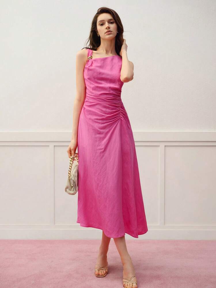 RUCHED ASYMMETRICAL NECK MIDI DRESS