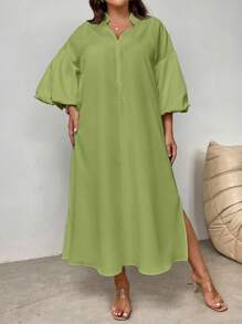 SHEIN Privé Plus Size Women's Elegant Vacation Beach Romantic Date Wedding Party Stand Collar Lantern Sleeve Mid-Length Loose Dress, Suitable For Summer - Green - View 5