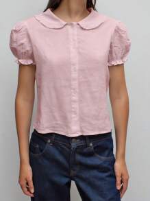 INAWLY Áo sơ mi tay bồng màu trơn đơn giản cho nữ - Hồng - Xem 3