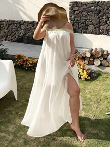 Breezaya Vestido holgado de primavera/verano de unicolor con hombros descubiertos y abertura, talla grande