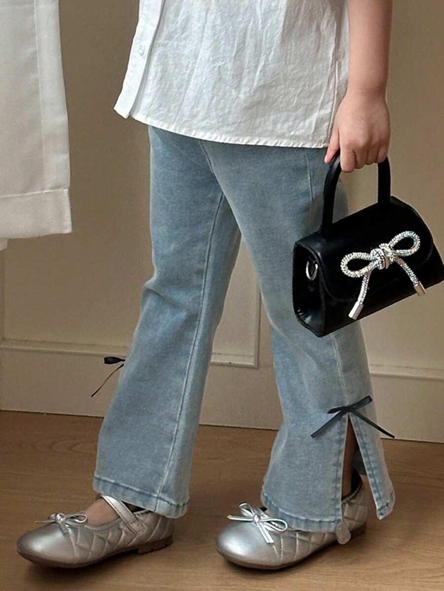 Dazy Kids 年轻女孩蝴蝶结装饰开衩下摆喇叭牛仔裤 - 藍色 - 查看 1
