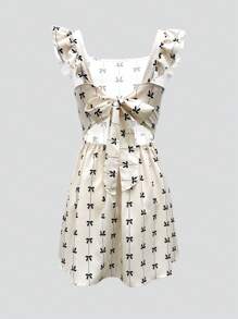 Elenzga Women Bow Print Ruffle Trim Short Dress Suitable For Summer - Apricot - View 8