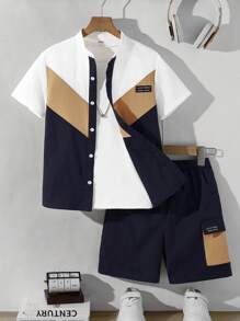 2pcs/Set Tween Boy Casual Patchwork Contrast Color Short Sleeve Stand Collar Shirt And Elastic Waist Pocket Shorts Outfit, Suitable For Autumn, Spring, Summer, Outdoor Play, School, Street Style, Party, And Leisure - Multicolor - View 2