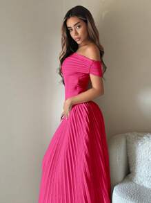 SHEIN ICON Homecoming Dress 1pc Off-Shoulder Solid Color Pleated Elegant Dress - Hot Pink - View 5