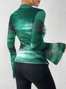 Chiquease Women's Autumn/Winter American Vintage Tie-Dye Mesh Printed Form-Fitting Pleated Decor Long Sleeve Base Shirt T-Shirt For Spring - Green - View 2