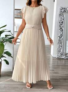 SHEIN Clasi Plus Size Women Elegant Solid Color Pleated Twist Long Dress - Khaki - View 4